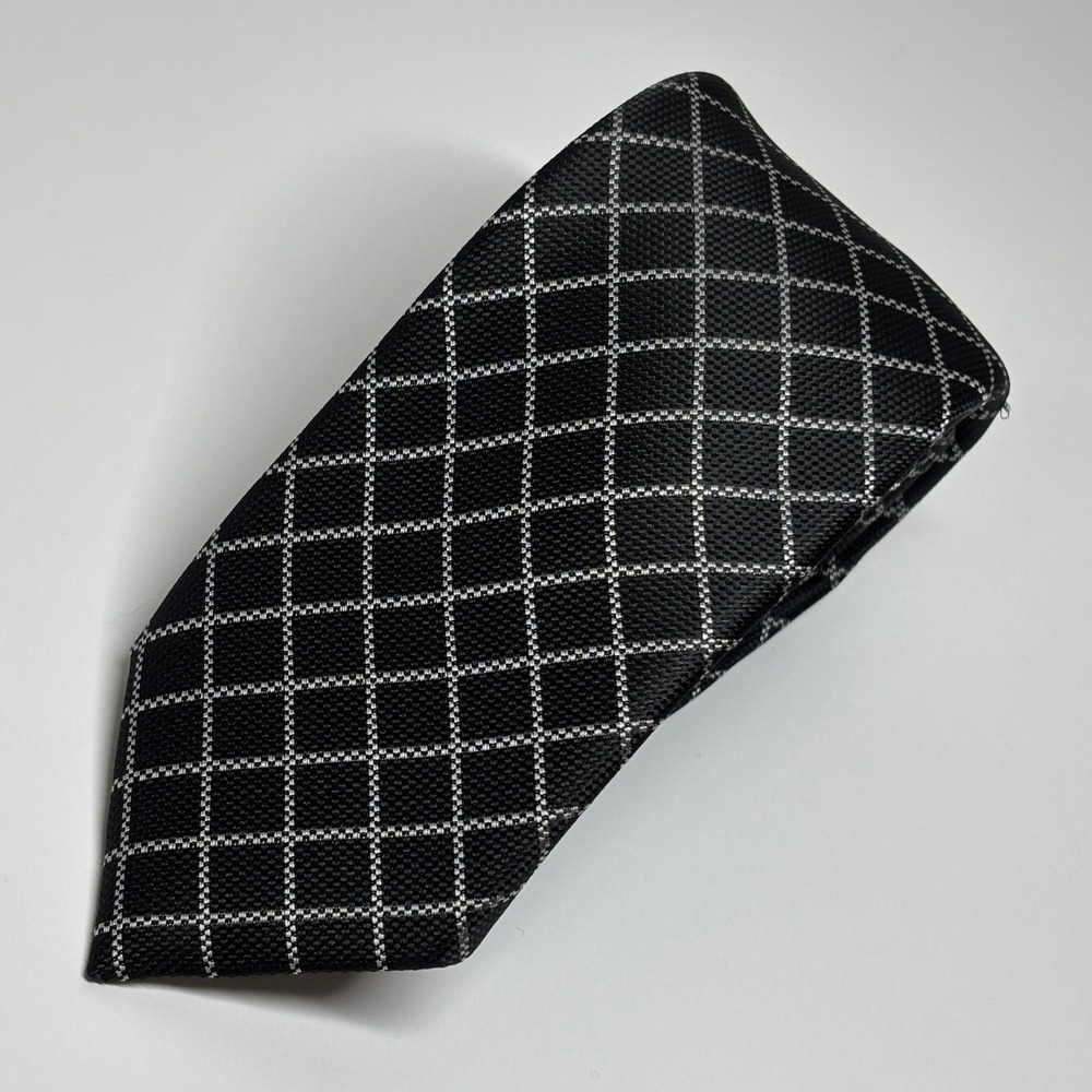 Alfani Necktie‎ Men OS Black Silver Grid Pattern Geometric Tie Formal Classic